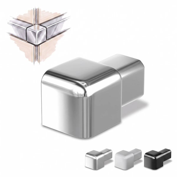 Eckverbinder für Fliesenprofile in Metalloptik, quadratische Form, dient zur sauberen Eckverbindung von Fliesenabschlussschienen.