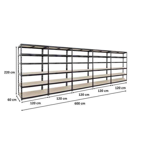 PROREGAL Mega Deal 5x Schwerlastregal Giant Tiger XL HxBxT 220 x 120 x 60 cm Fachlast 265 kg 6-Ebenen Schwarz