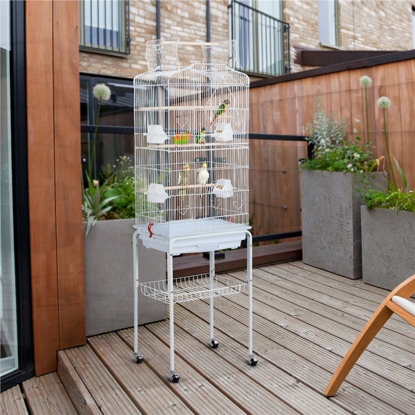 Vogelkäfig mit mehreren Vögeln auf einer Terrasse