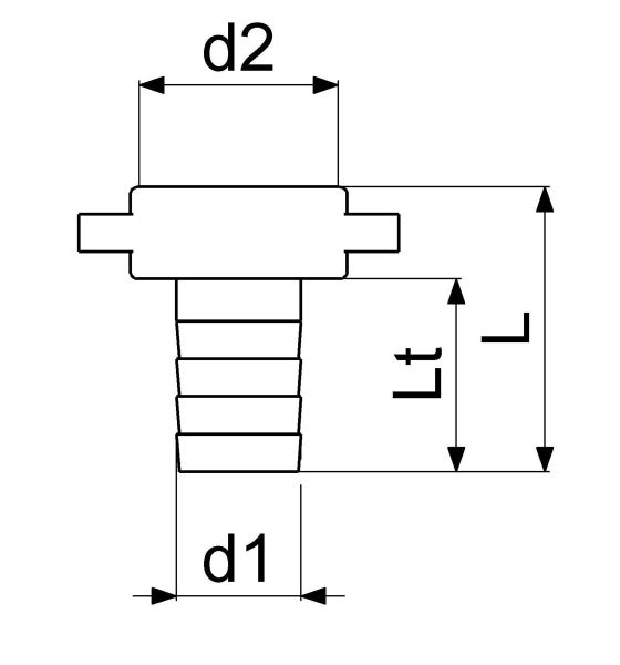Technische Zeichnung eines Schlauchanschlussstücks mit Maßangaben für Durchmesser und Länge.