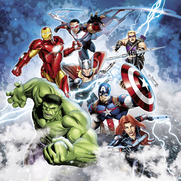 Comic-Darstellung der Avengers-Superhelden, darunter Iron Man, Captain America, Thor, Hulk und Black Widow