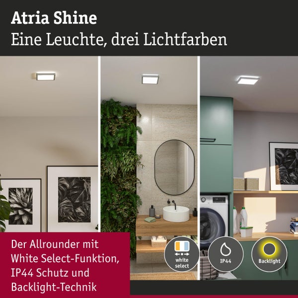 Quadratische Deckenleuchte Atria Shine in drei Wohnräumen mit einstellbarer Lichtfarbe, Spritzwasserschutz IP44 und Backlight-Technik.