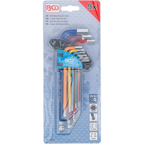 BGS technic Winkelschlüssel-Satz 9-teilig, farbig codiert, Innensechskant mit Kugelkopf, 1,5 bis 10 Millimeter, inklusive Kunststoffhalter.