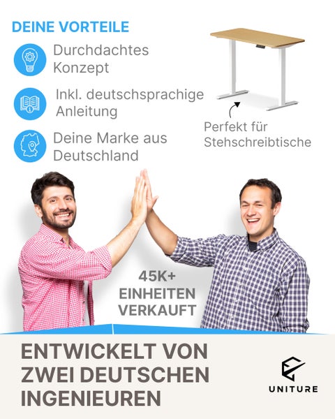 Infografik für Uniture Stehschreibtisch. Details: durchdachtes Konzept, deutsche Anleitung und Marke, zwei Ingenieure, 45.000 verkaufte Einheiten. UNITURE Logo.