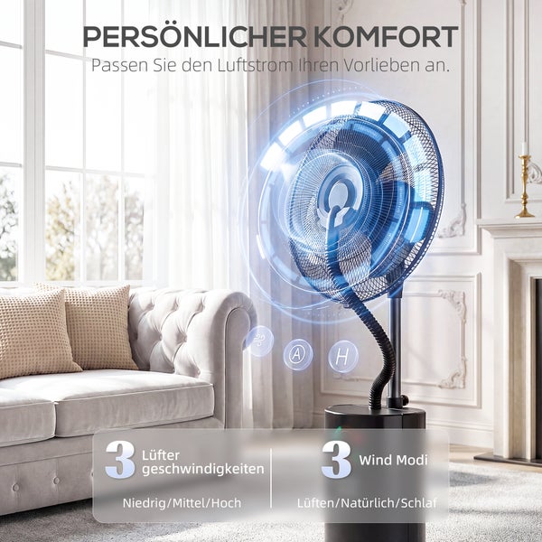 Moderner Standventilator mit 3 Geschwindigkeitsstufen und 3 Windmodi in einem hellen Wohnzimmer neben einem Sofa.