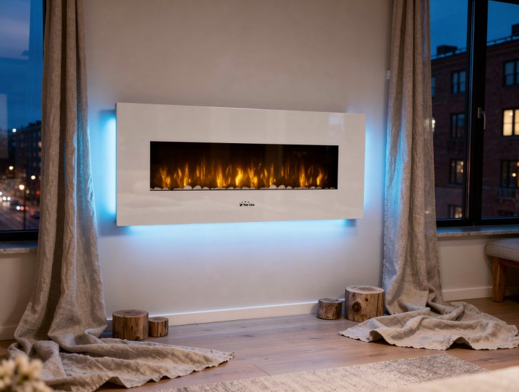 Wohnzimmer mit Elektrokamin, Gardinen und Holzhockern