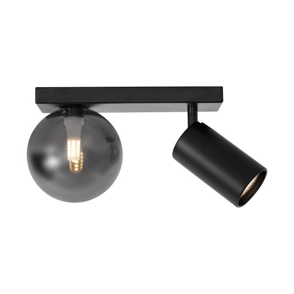 Schwarze Deckenleuchte mit zwei Leuchtenarmen: einem kugelförmigen Lampenschirm und einem zylindrischen Strahler.