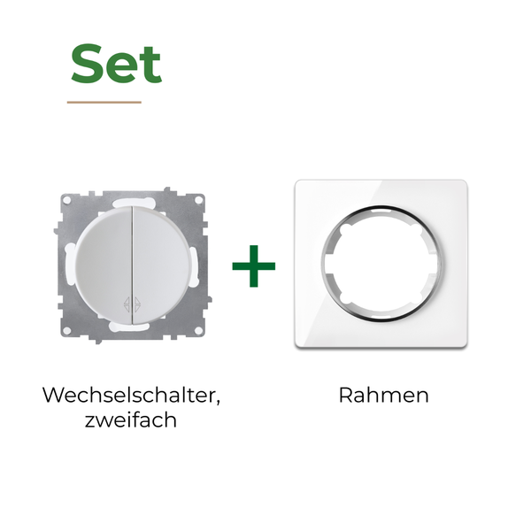 Set bestehend aus zweifachem Wechselschalter und Rahmen für die Elektroinstallation