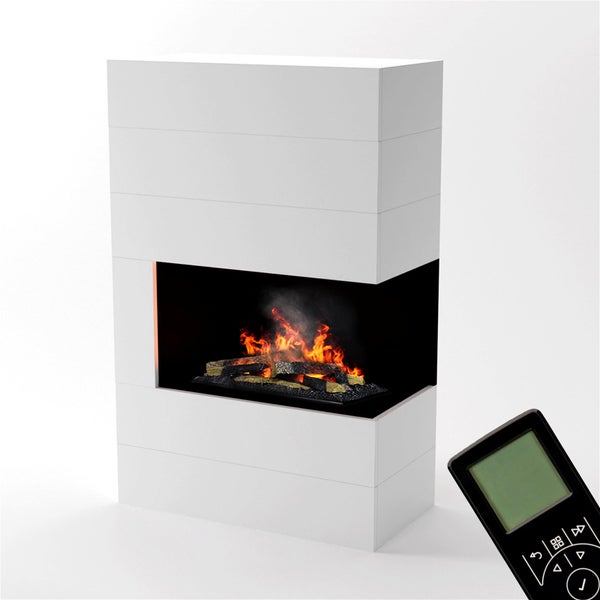 GLOW FIRE Elektrokamin 'Tucholsky Right Corner' | Wasserdampf Kamin mit OMC 600 inkl. Holz in weiß | HxBxT: 140x90x45 cm