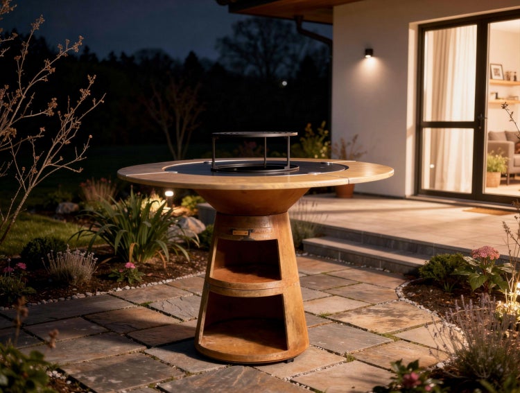 Runde Feuerstelle mit Grillring auf einer Terrasse