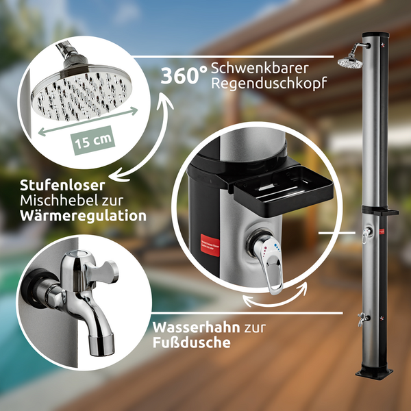 holz4home Solardusche mit Wasserspeicher für Garten Pool und Camping Gartendusche Inklusive Schutzhülle 35 Liter