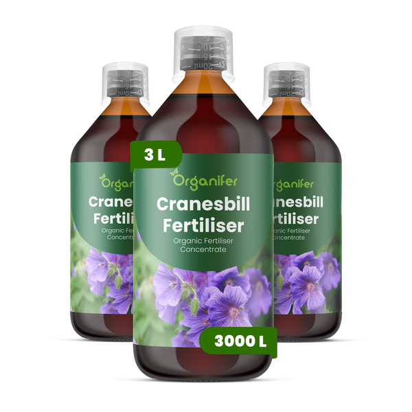 Storchschnabel Flüssigdünger 3x1L – 2-1-8 NPK – Flüssigdünger Für Stauden – Für Blätter & Üppige Blüten – Fördert Wurzeln & Vitalität – Organifer