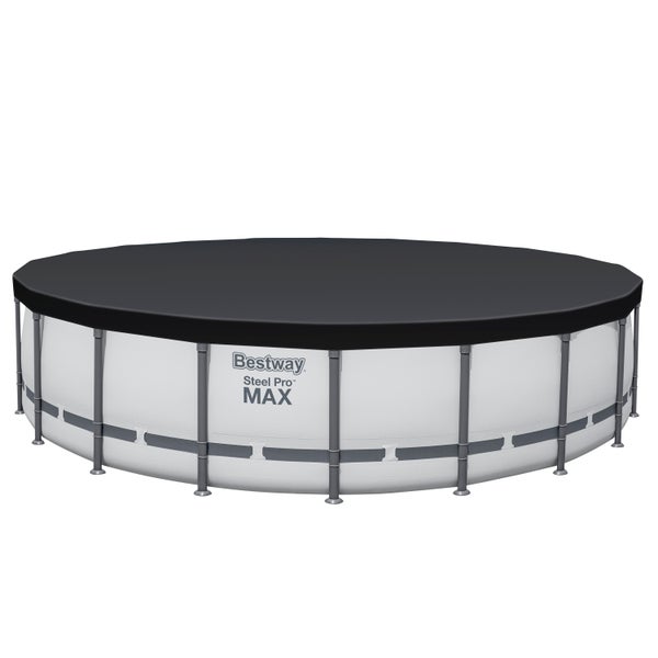 Schwarze Bestway Abdeckplane auf einem runden Steel Pro MAX Frame Pool.
