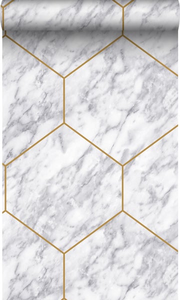 Origin Wallcoverings Tapete Wabenmuster mit Marmoreffekt Weiß, Grau und Gold - 50 x 900 cm - 347808