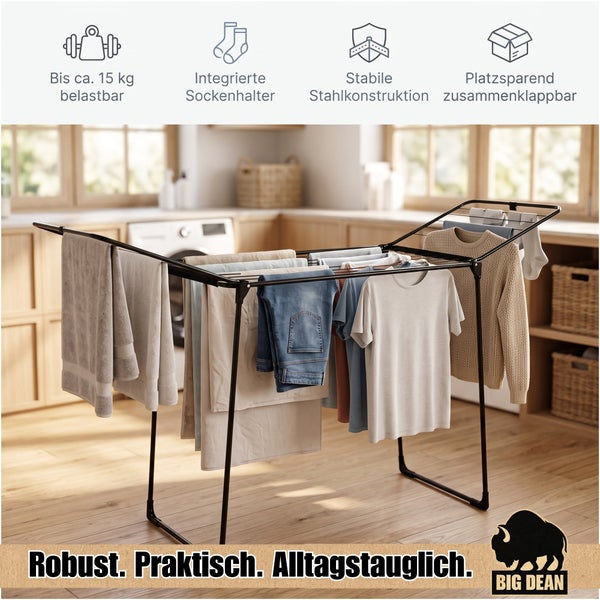 Wäscheständer aus Stahl mit 15 Kilogramm Tragkraft und Sockenhalter in einem hellen Hauswirtschaftsraum.
