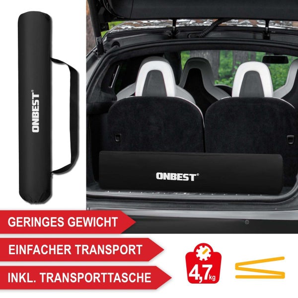 ONBEST Logo auf einer Transporttasche im Kofferraum eines Autos, geringes Gewicht von 4,7 Kilogramm, inklusive Transporttasche für einfachen Transport.