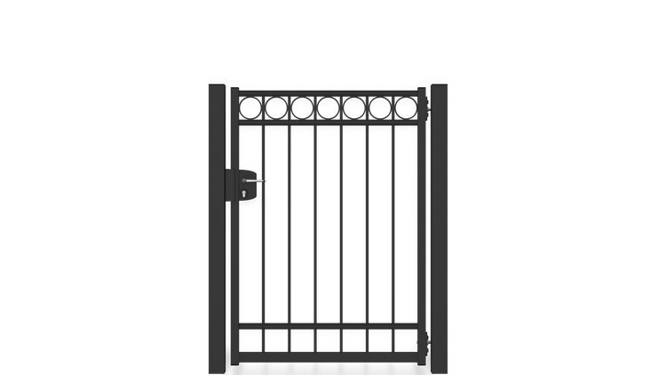 Gartentor ZAUNGURU BASIC-Linie Oldenburg Kreis aus Metall, Höhe: 143cm, Breite: 123cm, 1-flügelig inkl. Pfosten, Schloss und Zubehör, Feuerverzinkt und in RAL 7016 Anthrazitgrau pulverbeschichtet