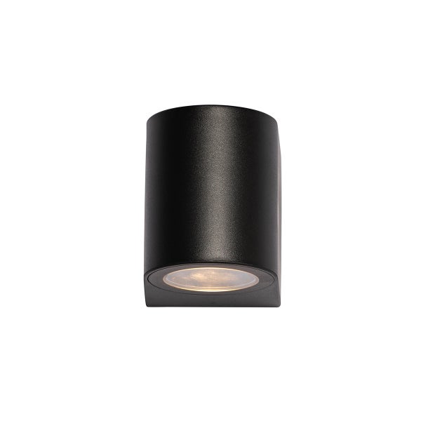 Moderne zylindrische Außenwandleuchte in Schwarz, einflammig, Lichtaustritt nach unten.