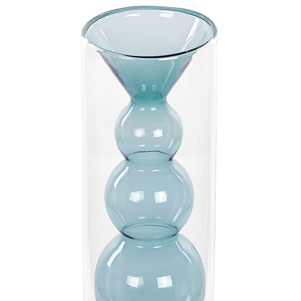 Zylindrische Glasvase, doppelwandig mit blauem, kugelförmigem Innenteil.