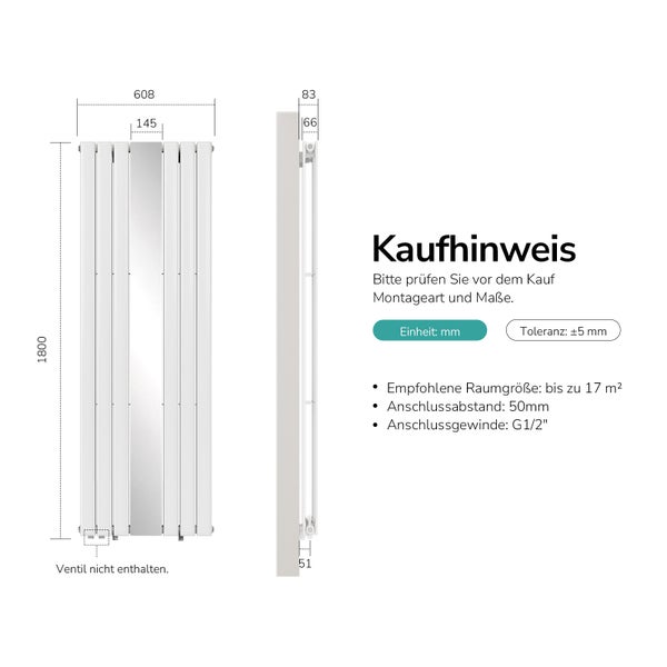 Vertikaler Heizkörper mit Spiegel und Maßen: Höhe 1800 Millimeter, Breite 608 Millimeter, Anschlussabstand 50 Millimeter, Anschlussgewinde G1/2.