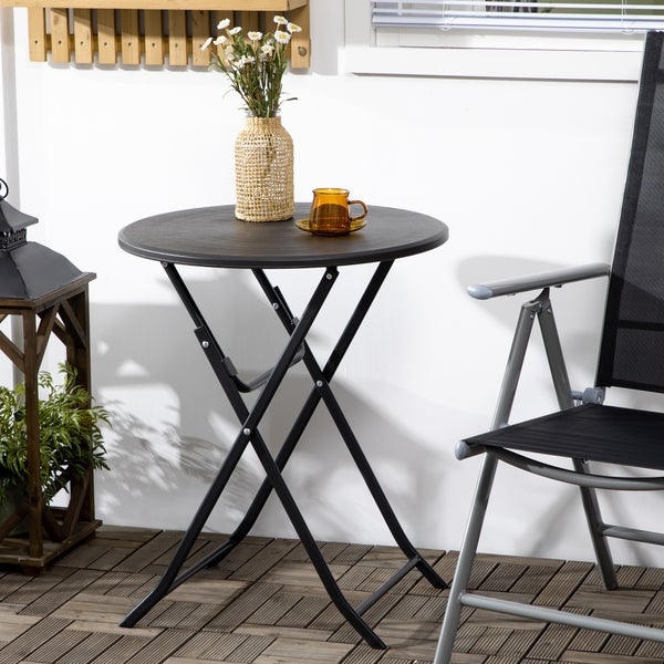 Outsunny Gartentisch, Runder Klapptisch, Ø60 cm Beistelltisch für 2 Personen, Garten-Esstisch mit Dekorativer Holzoptik, Campingtisch für Balkon, Terrasse, HDPE, Dunkelgrau