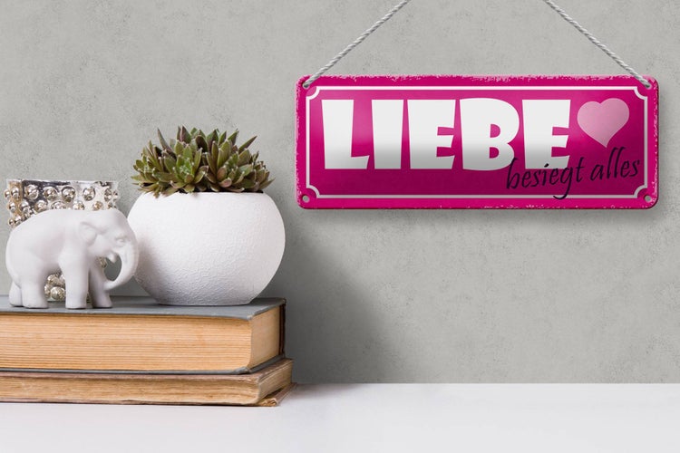 Blechschild Spruch 27x10cm Liebe besiegt alles Herz Dekoration