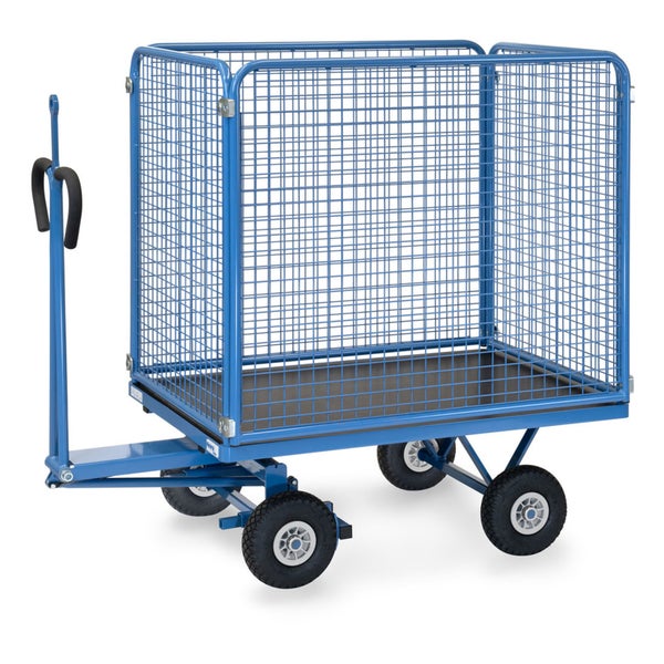Handwagen mit Gitterwänden und Deichsel aus blauem Stahl.