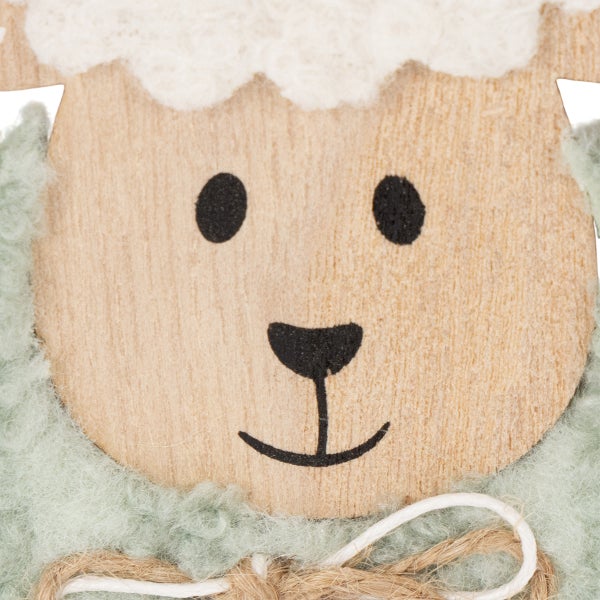 Dekoratives Holzschaf mit Gesicht und Schnur zum Aufhängen