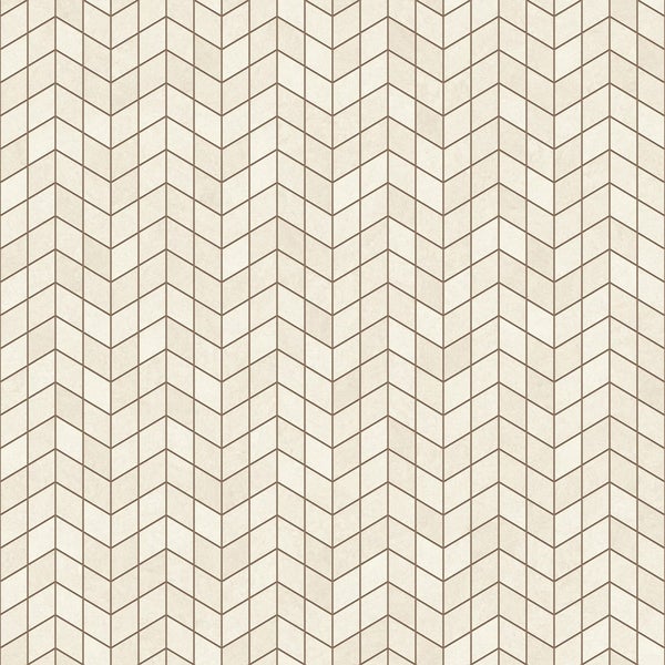 Geometrische Tapete mit dunkelbraunem Zickzackmuster auf hellem Grund.