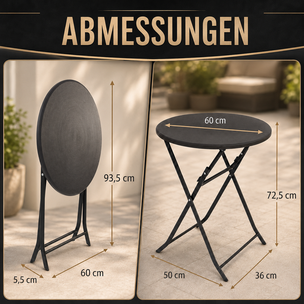 Maßzeichnung eines runden Klapptisches mit Metallgestell, zusammengeklappt und aufgeklappt mit Bemaßung in Zentimetern.