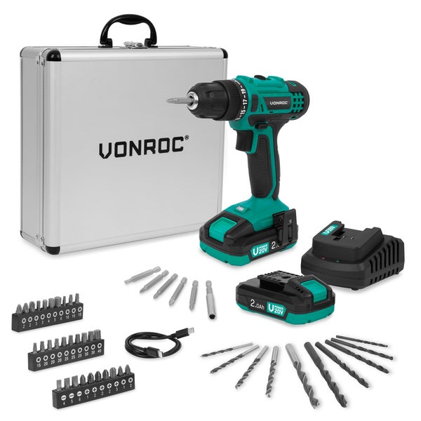 Vonroc Akku-Bohrschrauber Set im Transportkoffer mit zwei 20 Volt Akkus, Ladegerät, Bohrer und Bits.