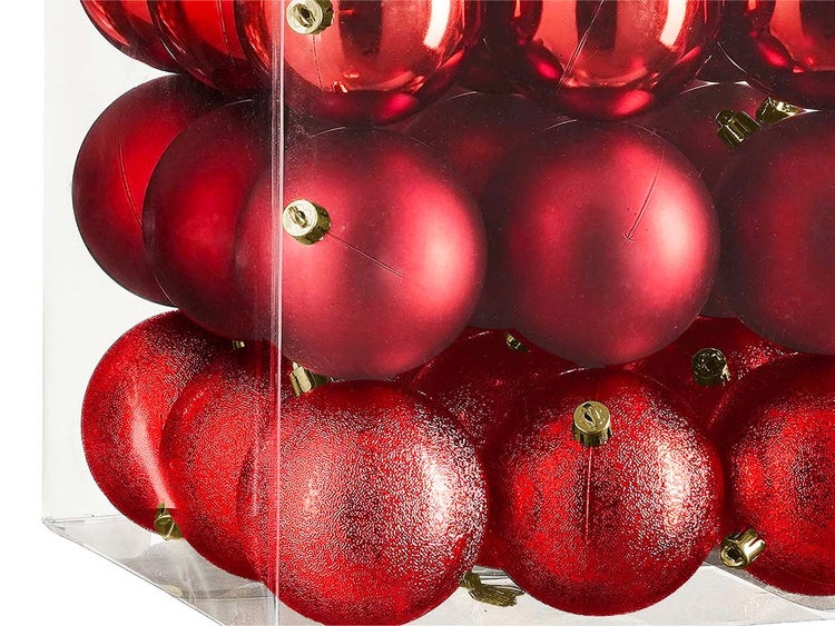 Satz mit 27 Ornamenten: rote runde Mix-Ornamente 8 cm
