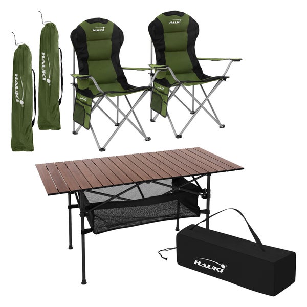 Hauki Campingmöbel Set 3tlg. Campingtisch faltbar Braun mit 2 Campingstühlen Khaki, Camping-Set für 2 Person mit Tragetasche, Alu Klapptisch mit 2 Angelstuhl, Sitzgarnitur Sitzgruppe Gartenmöbel