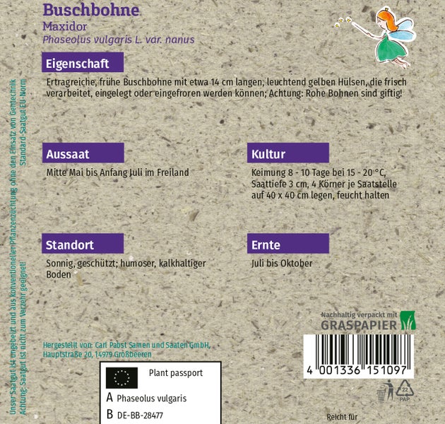 Rückseite der Saatgutpackung für Buschbohne Maxidor mit Informationen zu Aussaat, Kultur, Standort und Ernte auf nachhaltigem Graspapier.