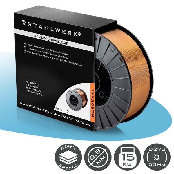 Stahlwerk MIG/MAG Schweißdraht aus Stahl auf D270 Spule, Durchmesser 0,8 Millimeter, Gewicht 15 Kilogramm, Norm ER70S-6.