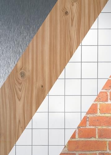 Muster von Metall, Holz, Fliesen und Mauerwerk für Bau- und Renovierungsprojekte