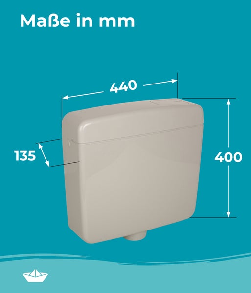 Spülkasten für WC mit Maßangaben in Millimeter Breite 440 Höhe 400 Tiefe 135