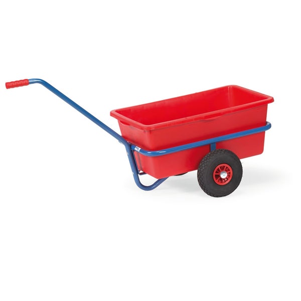 Bollerwagen mit roter Kunststoffwanne, blauem Metallrohrgestell und Rädern.