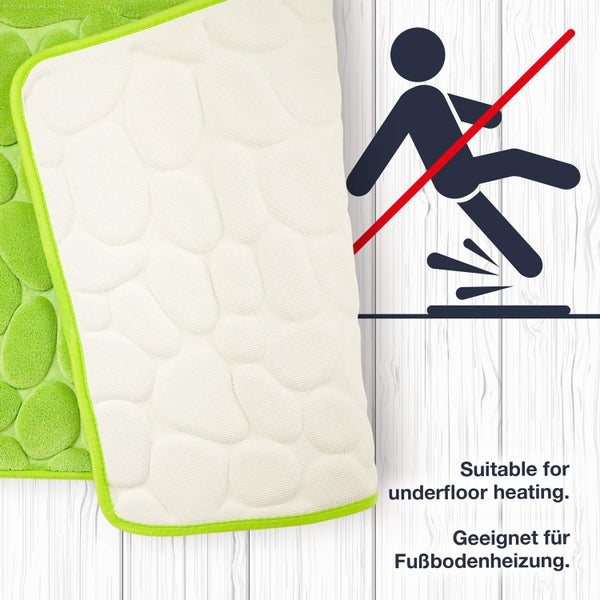 Badteppich mit Symbol für Rutschfestigkeit und Eignung für Fußbodenheizung