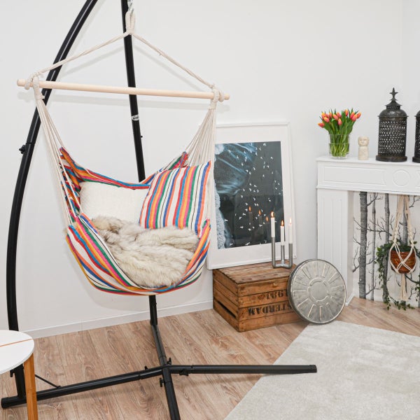 Hängesessel Relaxsessel mit bunten Streifen + 2 Kissen und 215cm Gestell