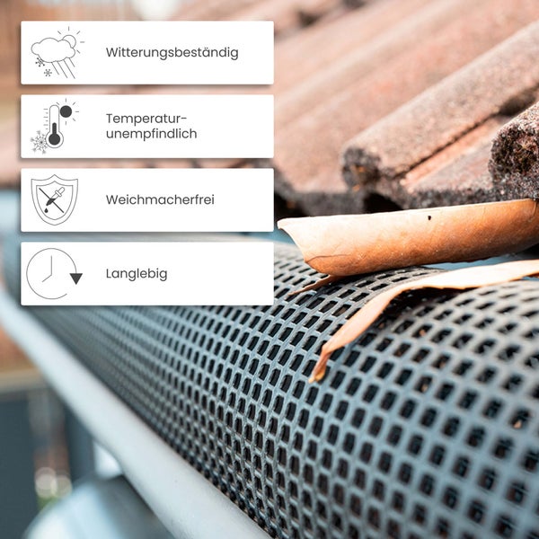Laubschutzgitter für Dachrinnen, witterungsbeständig, temperaturunempfindlich, weichmacherfrei und langlebig.