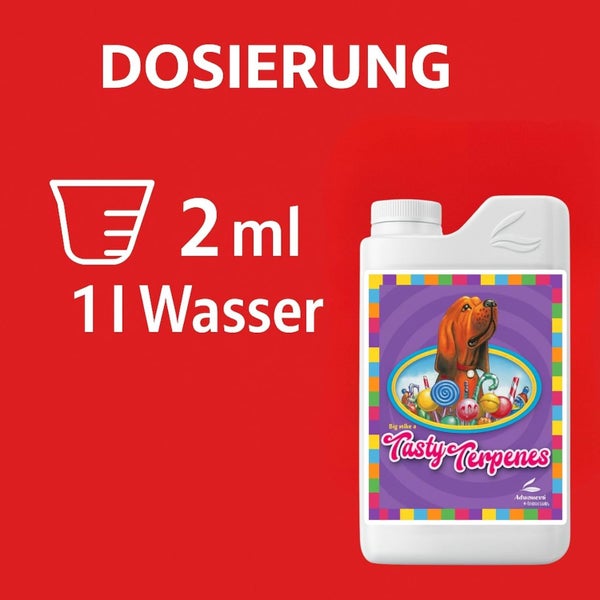 Dosierung von 2 Millilitern Tasty Terpenes auf 1 Liter Wasser.
