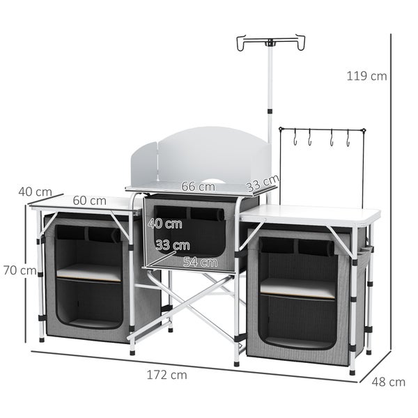 Outsunny Campingküche klappbar, Outdoor Küche mit Windschutz, 3 Schränkfach, 3 Arbeitsplatten, Verstellbar Lichtständer, für Camping, Garten, Aluminium, Oxford, Grau