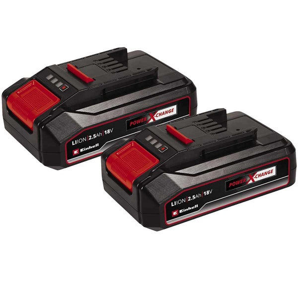 Zwei Einhell Power X-Change Akkus mit 18 Volt und 2,5 Amperestunden Kapazität