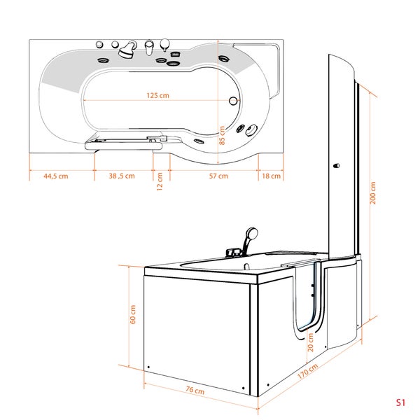 Badewanne mit Badewannenaufsatz aus Glas und verchromten Profilen