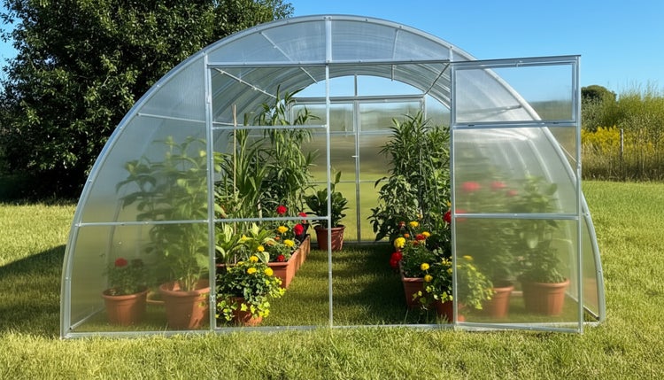 Gewächshaus mit Pflanzen in Töpfen auf einer Wiese