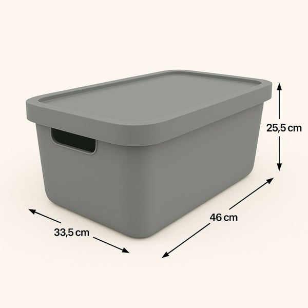 Aufbewahrungsbox aus Kunststoff mit Deckel und den Maßen 46 cm x 33,5 cm x 25,5 cm