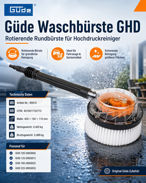 Güde rotierende Waschbürste GHD für Hochdruckreiniger zur Reinigung von Fahrzeugen und Gartenmöbeln. Güde Logo.