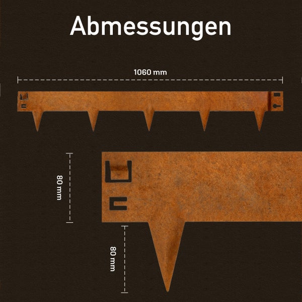 Abmessungen der Rasenkante: Gesamtlänge 1060 Millimeter, Profilhöhe 80 Millimeter, Spießlänge 80 Millimeter.