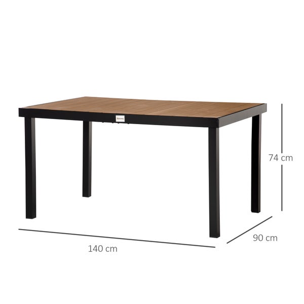 Robustes, langlebiges Gartenmöbel Set mit Aluminiumtisch in Holzoptik und verzierten Metallstühlen, inklusive verstellbarer Fußpolster.